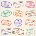 Visa stamp set. Arrival and Departure stamps from passport. International travel symbols. Vector illustration Royalty Free Stock Photo